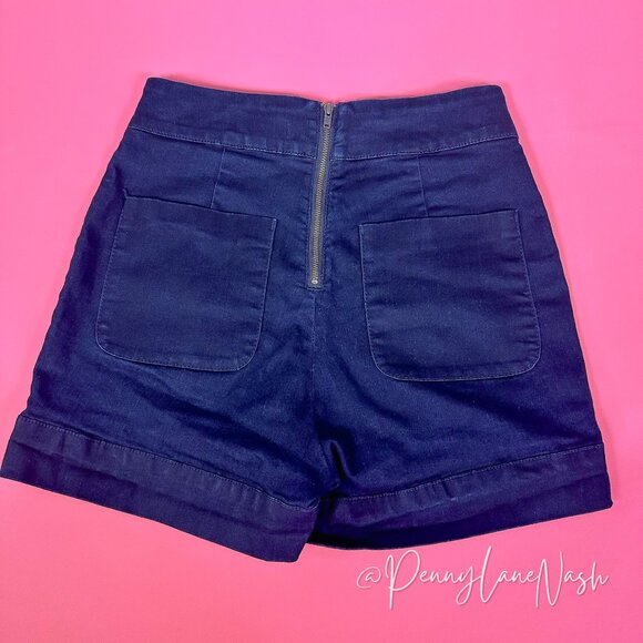 OU Cooperative High Waisted  Zip Back Denim Shortie Navy - Picture 4 of 7